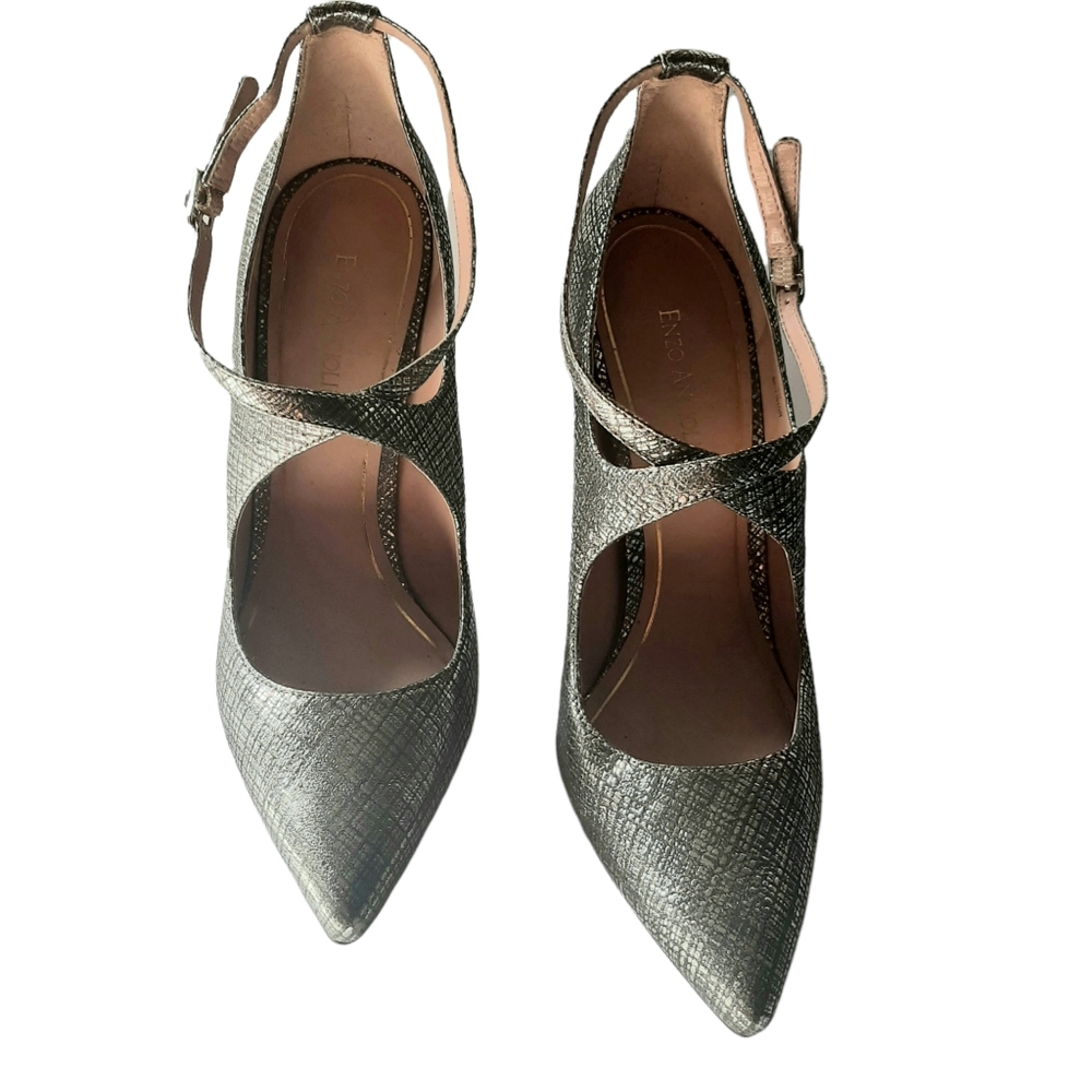 ENZO ANGIOLINI 7 Finton Metallic Silver Leather Criss-Cross Ankle Strap Pumps 9M